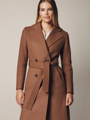 Płaszcz Jasnobrązowy z Wełną Dwurzędowy Damski Rehala Lancerto