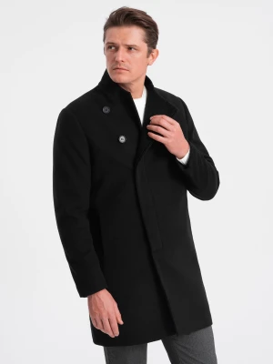 Płaszcz męski z asymetrycznym zapięciem - czarny V2 - Rozmiar: L Ombre Clothing