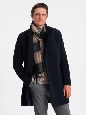 Płaszcz męski z asymetrycznym zapięciem - granatowy V3 - Rozmiar: XXL Ombre Clothing