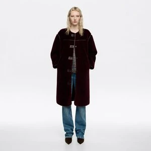 Płaszcz średniej długości prosty sztuczne futerko bordowy BIMBA Y LOLA