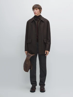 Płaszcz Średniej Długości Z Mieszanki Wełny W Jodełkę - Czekoladowy - - Massimo Dutti - Mężczyzna