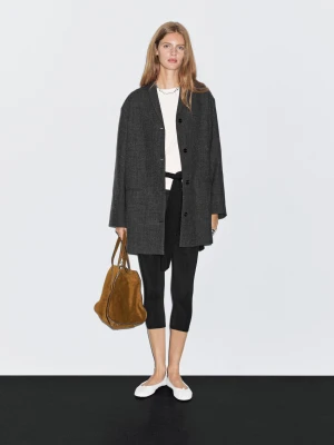 Płaszcz Średniej Długości Z Mieszanki Wełny Z Kołnierzem Z Klapami - Szary - - Massimo Dutti - Kobieta
