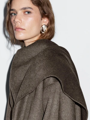 Płaszcz Średniej Długości Z Mieszanki Wełny Z Szalem - Norkowy - - Massimo Dutti - Kobieta