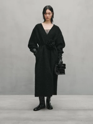 Płaszcz Z Mieszanki Wełny Z Alpaki Z Wiązaniem Z Kwiatem − Studio - Czarny - - Massimo Dutti - Kobieta
