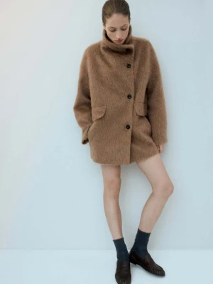 Płaszcz z mieszanki wełny z kołnierzem kominowym brązowy - Kobieta - - MANGO