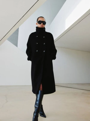 Płaszcz z mieszanki wełny z kołnierzem kominowym czarny - Kobieta - - MANGO