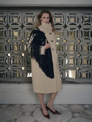 Płaszcz z mieszanki wełny z kołnierzem kominowym waniliowy - Kobieta - - MANGO