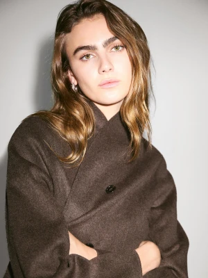 Płaszcz Z Mieszanki Wełny Z Kołnierzem Smokingowym - Czekoladowy - - Massimo Dutti - Kobieta