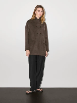 Płaszcz Z Mieszanki Wełny Z Kołnierzem Smokingowym - Czekoladowy - - Massimo Dutti - Kobieta