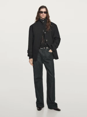 Płaszcz Z Mieszanki Wełny Z Wysokim Kołnierzem I Zapięciem Na Guziki - Czarny - - Massimo Dutti - Kobieta