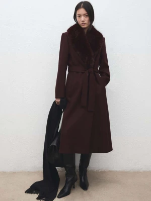 Płaszcz z wełny Manteco z kołnierzem z futerkiem kasztanowy - Kobieta - - MANGO