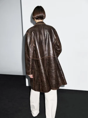Płaszcz Ze Skóry Nappa Z Efektem Zużycia - Brązowy - - Massimo Dutti - Kobieta