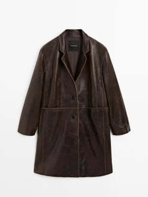 Płaszcz Ze Skóry Nappa Z Efektem Zużycia - Brązowy - - Massimo Dutti - Kobieta