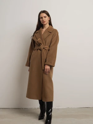 Płaszcz zimowy damski wiązany 100% wełna dziewicza - BASE Camel LAIF