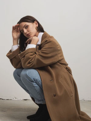 Płaszcz zimowy damski wiązany 100% wełna dziewicza - BASE Camel LAIF