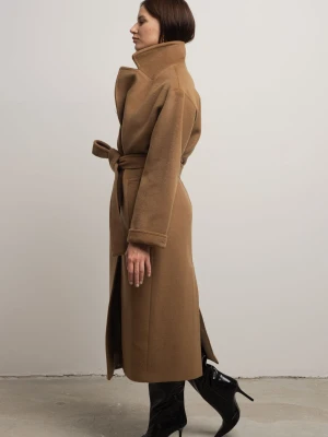 Płaszcz zimowy damski wiązany 100% wełna dziewicza - BASE Camel LAIF