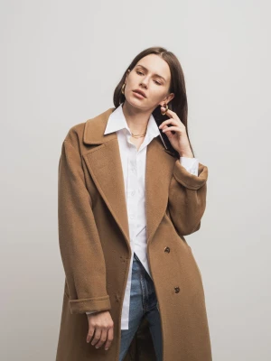 Płaszcz zimowy damski wiązany 100% wełna dziewicza - BASE Camel LAIF