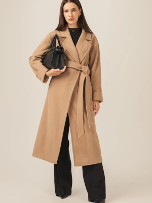 Płaszcz zimowy damski wiązany wełna/kaszmir - beżowy BASE LAIF