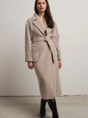 Płaszcz zimowy damski wiązany wełna/kaszmir - chłodny beż BASE LAÏF