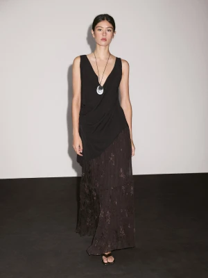 Pleated Long Skirt With Embroidered Detail - Czekoladowy - - Massimo Dutti - Female
