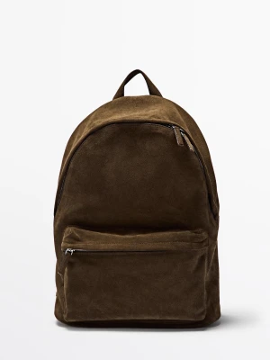 Plecak Z Zamszowej Skóry Z Suwakiem - Khaki - - Massimo Dutti - Mężczyzna