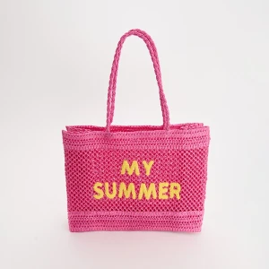 Pleciona torba shopper z napisem różowa House