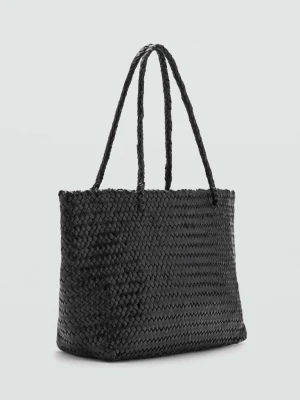 Torba shopper z plecionej skóry czarny - Kobieta - Rozmiar uniwersalny - MANGO