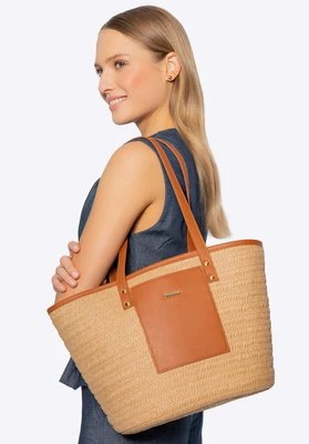 Pleciony koszyk z detalem z ekoskóry beżowo - brązowy Wittchen