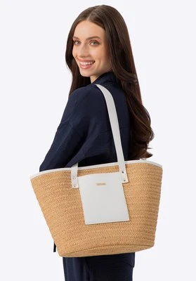 Pleciony koszyk z detalem z ekoskóry beżowo - kremowy Wittchen