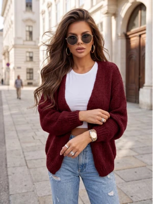 Pleciony sweter kardigan ELORII - bordowy  magmac 