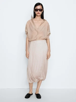Plisowana Spódnica Midi Z Dołem Typu Bombka - Studio - Różowy - Massimo Dutti - Female