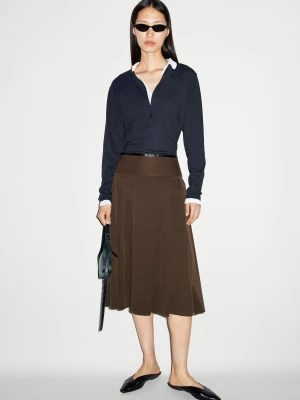 Plisowana Spódnica Midi Ze Skórzanym Detalem - Czekoladowy - Massimo Dutti - Female