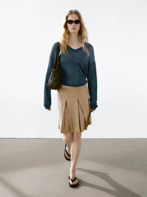 Plisowana Spódnica Z Zamszowej Skóry - Popielaty - - Massimo Dutti - Kobieta