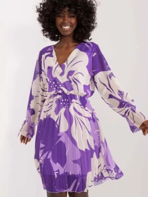 Plisowana sukienka fioletowa z bufiastymi rękawami Italy Moda