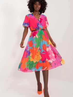 Plisowana sukienka midi w kwiaty z paskiem Italy Moda