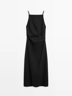 Plisowana Sukienka Średniej Długości Z Lnu - Czarny - - Massimo Dutti - Kobieta
