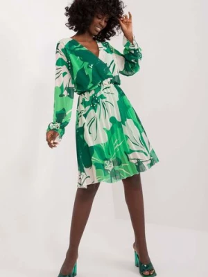 Plisowana sukienka zielona z bufiastymi rękawami Italy Moda