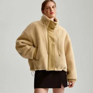 Polarowa kurtka oversize ze sztruksowymi wstawkami beżowa House