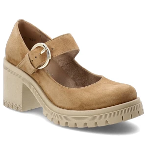 Półbuty damskie Armodo, cholewka ze skóry naturalnej zamszowej pasek z regulacją na metalową klamrę zabudowany przód na wysokim obcasie, brązowe, 201