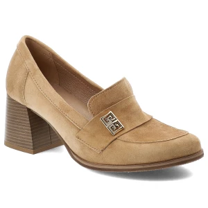 Półbuty damskie Armodo, cholewka ze skóry naturalnej zamszowej wsuwany fason z ozdobnym paskiem i metalowym elementem, brązowe, 20207