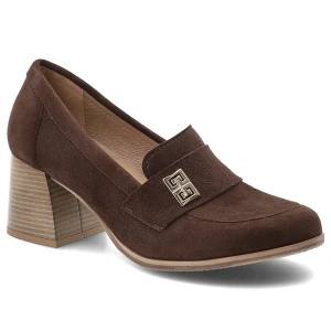 Półbuty damskie Armodo, cholewka ze skóry naturalnej zamszowej wsuwany fason z zabudowanym przodem na stabilnym obcasie, brązowe, 20207