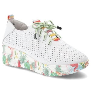 Półbuty damskie Artiker, skóra naturalna perforowana cholewka kolorowe sznurówki ozdobny język platformowa lekka podeszwa, białe, 58C0598