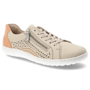 Półbuty damskie Rieker, ze skóry naturalnej licowej ażurowa cholewka zamek i sznurowanie lekka podeszwa, beżowe, 52824-60