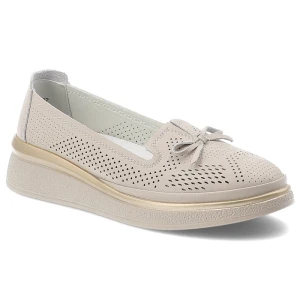 Półbuty damskie S.Barski, ze skóry naturalnej licowej ażurowa cholewka ozdobna kokardka lekka podeszwa casual, beżowe, LR61-7043