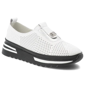 Półbuty damskie S.Barski, ze skóry naturalnej licowej ażurowa cholewka wsuwane gruba podeszwa casual, białe, LR61-7092