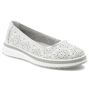 Półbuty damskie S.Barski, ze skóry naturalnej licowej ażurowy kwiatowy wzór lekka podeszwa komfortowe casual, srebrne, LR61-7038