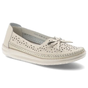 Półbuty damskie Vinceza, cholewka ze skóry naturalnej licowej z ażurową perforacją wsuwany fason z ozdobną kokardą, beżowe, 95390