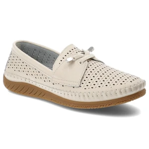 Półbuty damskie Vinceza, cholewka ze skóry naturalnej licowej z perforacją wsuwany fason z ozdobnym wiązaniem, beżowe, 93217