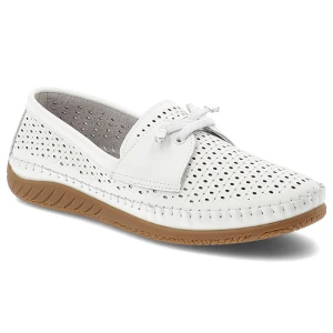 Półbuty damskie Vinceza, cholewka ze skóry naturalnej licowej z perforacją wsuwany fason z ozdobnym wiązaniem, białe, 93217