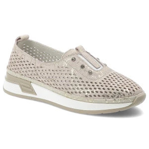 Półbuty damskie Vinceza, cholewka ze skóry naturalnej z metalicznym połyskiem wsuwany fason z zabudowanym przodem, beżowe, 93226